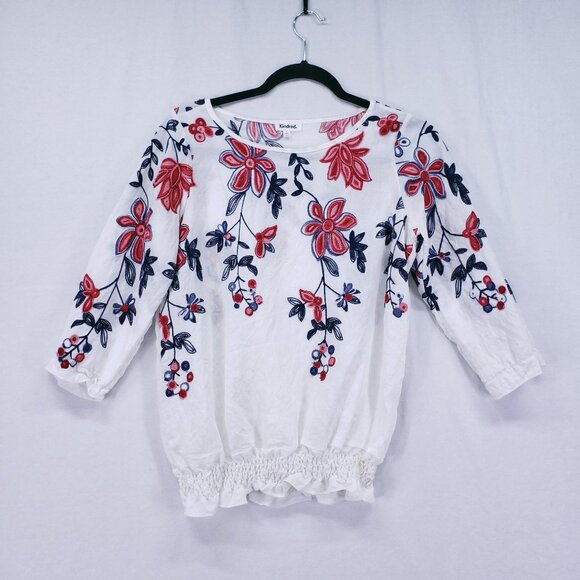 Kindred Tops - Kindred Anthropologie White Floral Embroidered 3/4 Sleeve Smocked Bottom Top S